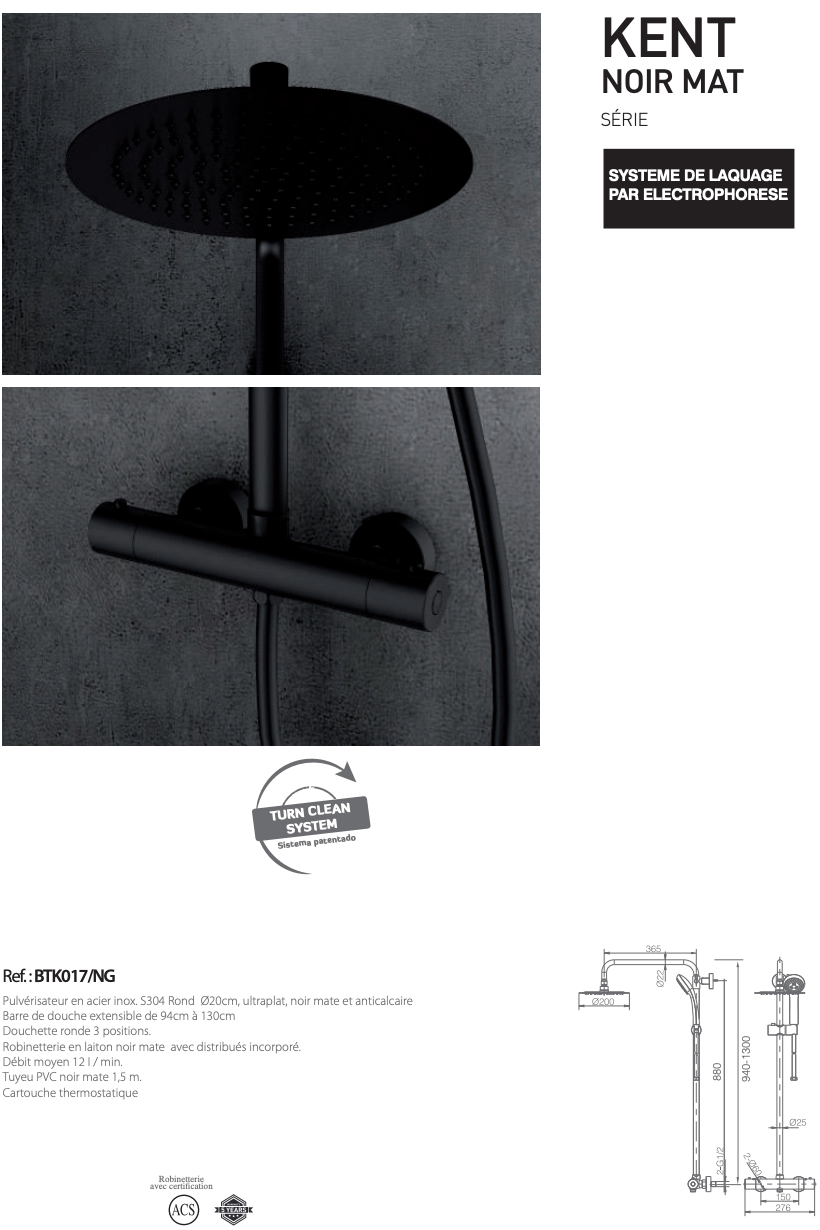 Ensemble de douche thermostatique série Kent Noir mat - Robinets