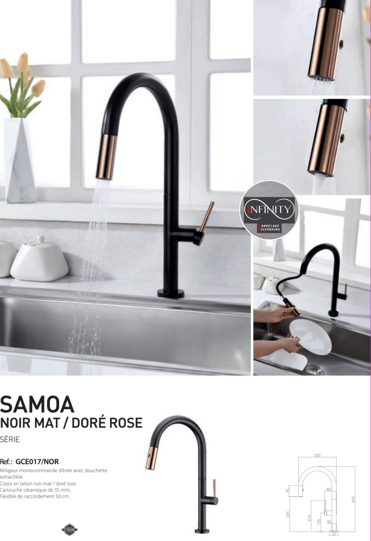 Robinet mitigeur de cousine série Samoa noir mat doré rose - Robinets