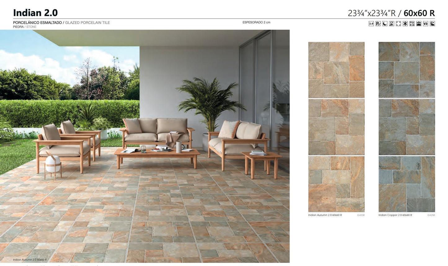 Carrelage - Ceramica INDIAN 60X60 Rectifié (20mm) Antidérapant - Carrelage sol